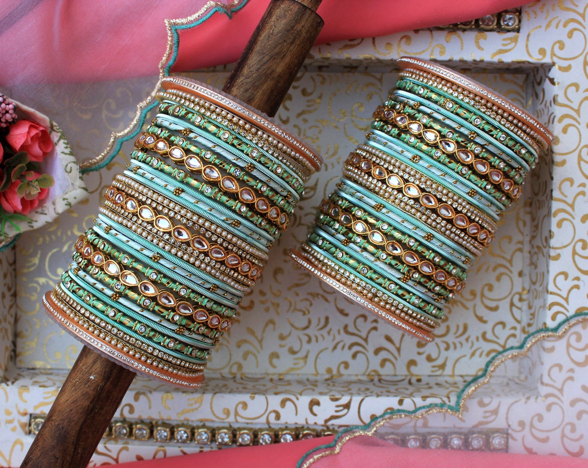 Bridal Bangle Set with Kundan Kangan by T4 Jewels Light Blue All Bangle Sets T4 Jewels