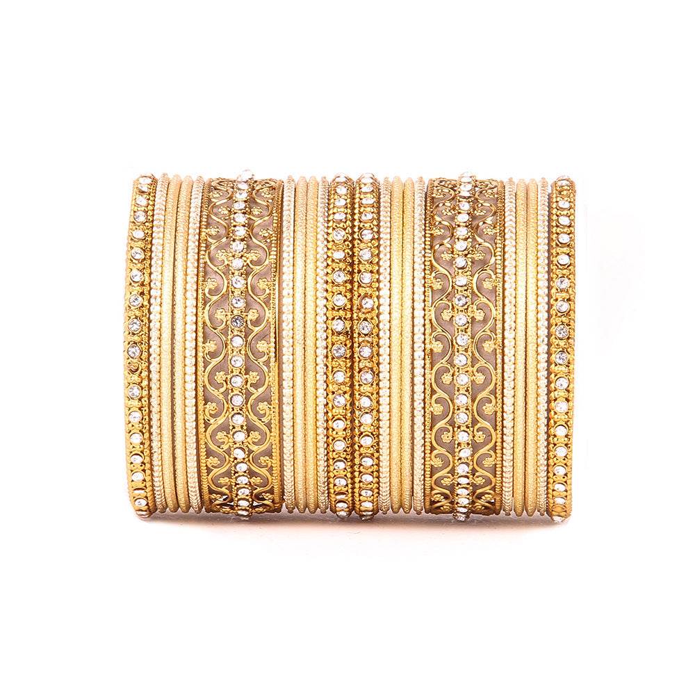 Intricate Bracelet With Running Stone Work And Shinning Bangle Set Golden All Bangle Sets T4 Jewels