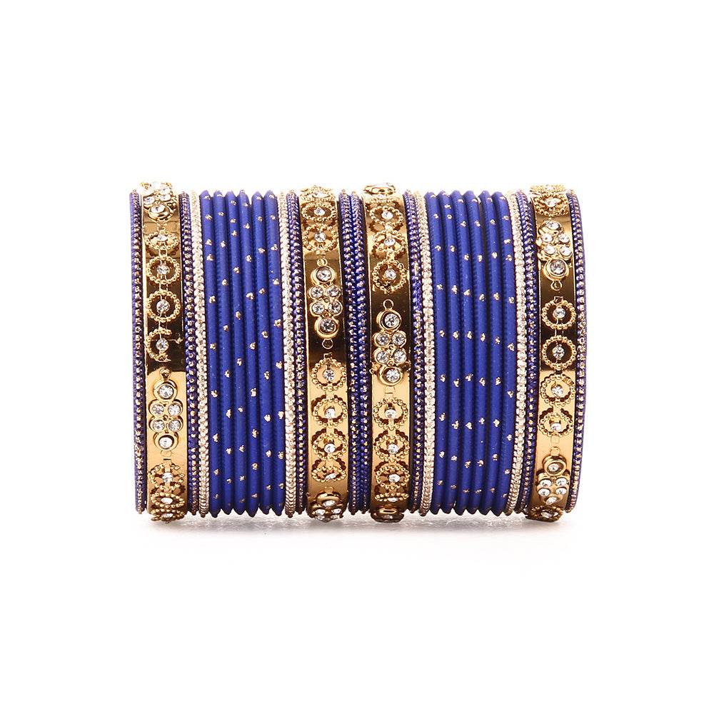 Traditional Bangle Set With Golden Dotted Bangles BY T4 Jewels Blue All Bangle Sets T4 Jewels