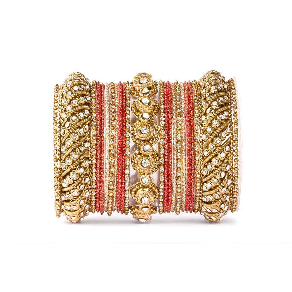 Traditional Colored Textured Bangle Set For Single Hand Golden-Red All Bangle Sets T4 Jewels