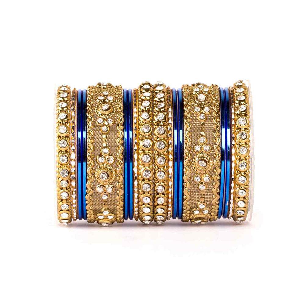 Beautiful Intricate Colored Bangle Set For Two Hands Blue All Bangle Sets T4 Jewels