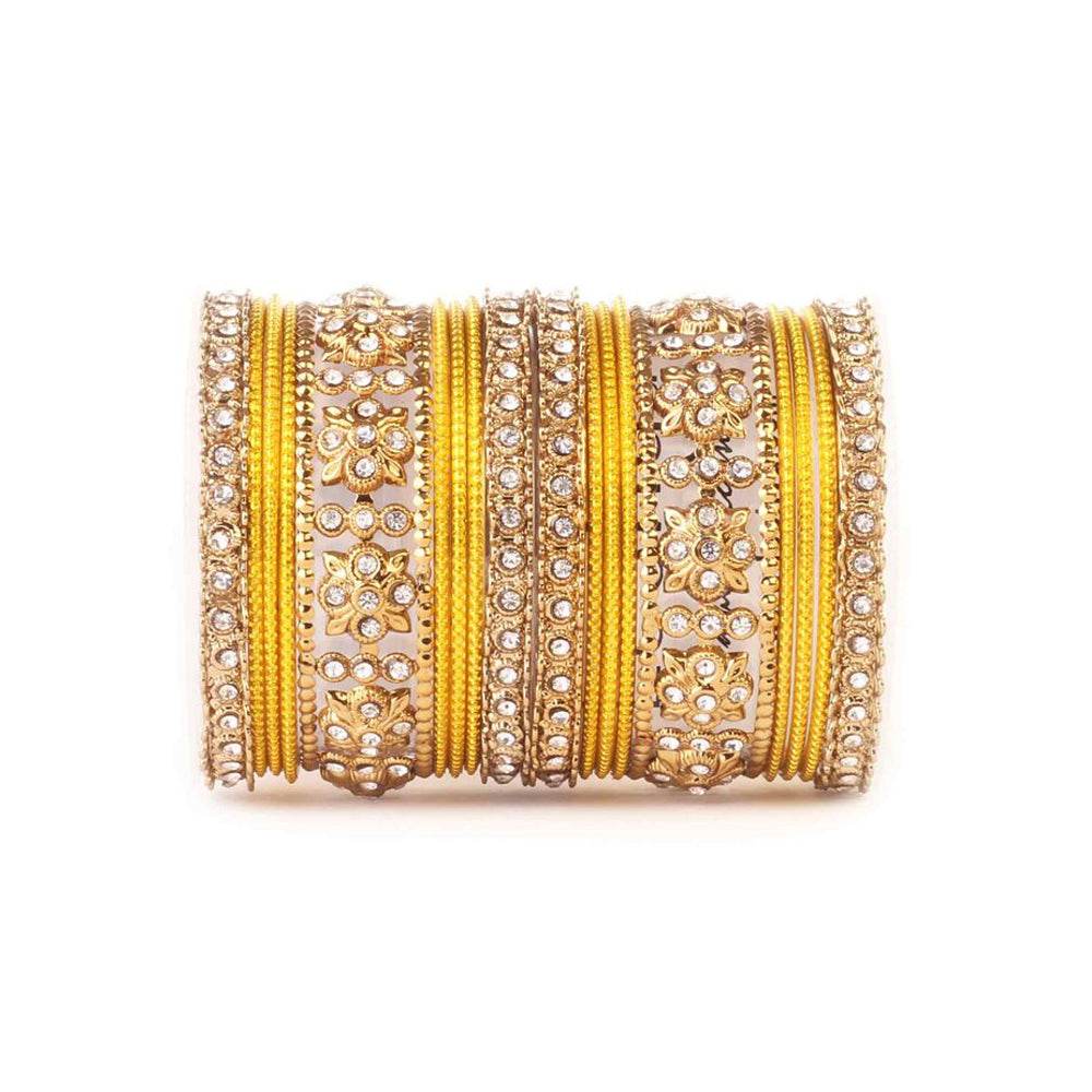 Traditional Colored Flower Pattern Bangle Set Yellow All Bangle Sets T4 Jewels