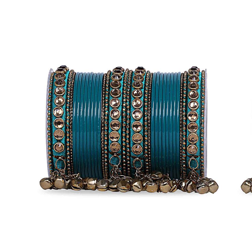 Traditional Ghungroo Bells Bangle With Silk Thread And Stone Rama Green All Bangle Sets T4 Jewels