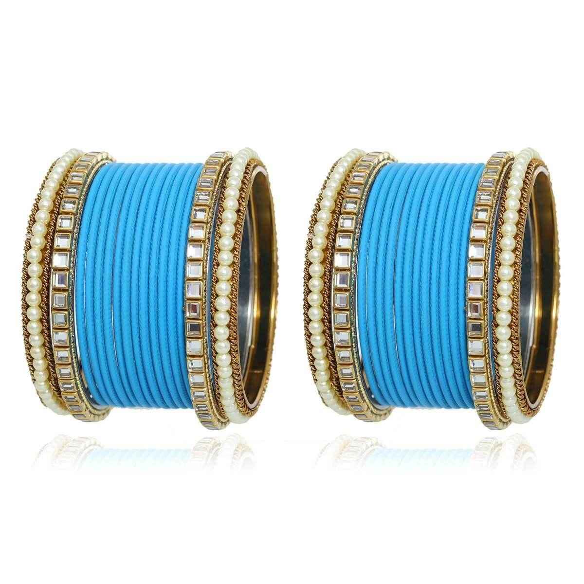 T4 Jewels Kundan Stones Beads Studded Colourful Designer Latest Fashion Jewellery Metal Bangles Set - 97NO Skyblue All Bangle Sets T4 Jewels