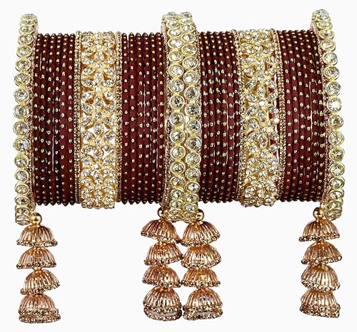 T4 Jewels Metal Bangles Latkan Chuda Set with American Diamond, Zircon Stone & Polka Dots | Dulhan Chuda Set Wedding | Punjabi Chuda | Chooda Bangles- Set of 38 Maroon T4 Jewels