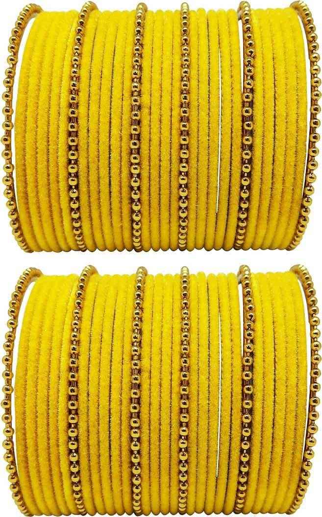 T4 Jewels Golden Beads Studded Glossy Finish Velvet Metal Bangles Set (Set Of 2) - 35NO Yellow All Bangle Sets T4 Jewels