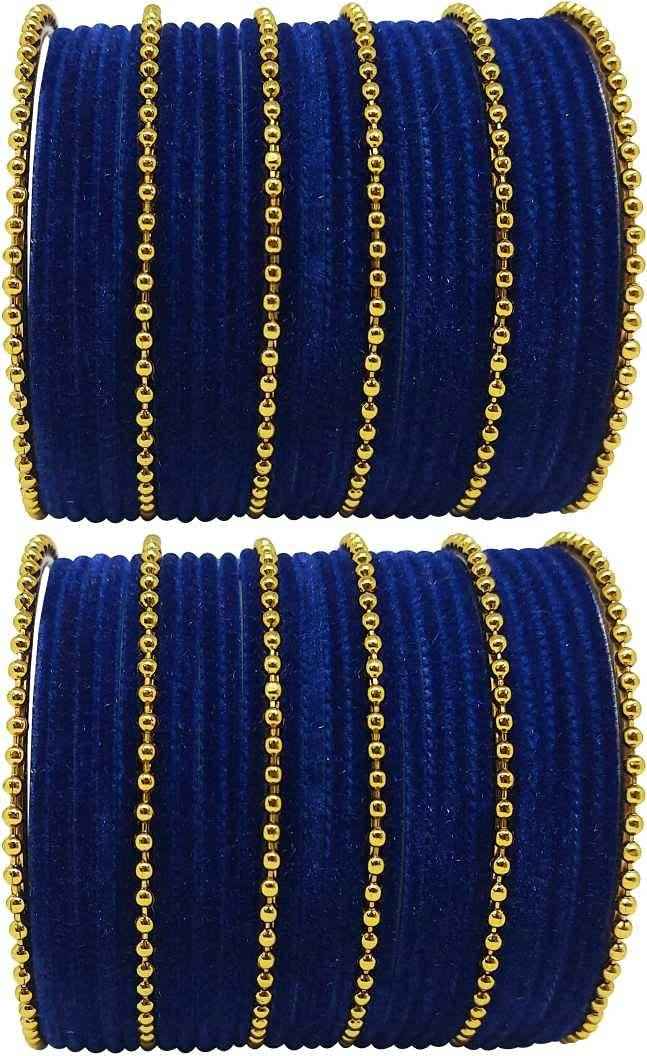 T4 Jewels Golden Beads Studded Glossy Finish Velvet Metal Bangles Set (Set Of 2) - 35NO Dark Blue All Bangle Sets T4 Jewels