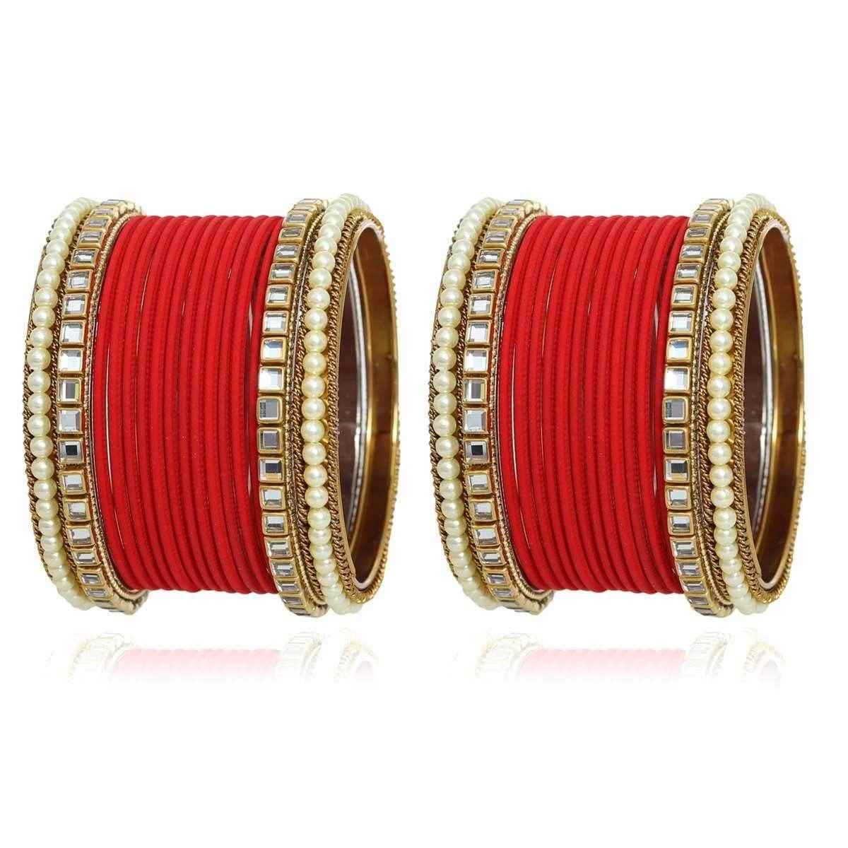 T4 Jewels Kundan Stones Beads Studded Colourful Designer Latest Fashion Jewellery Metal Bangles Set - 97NO Red All Bangle Sets T4 Jewels