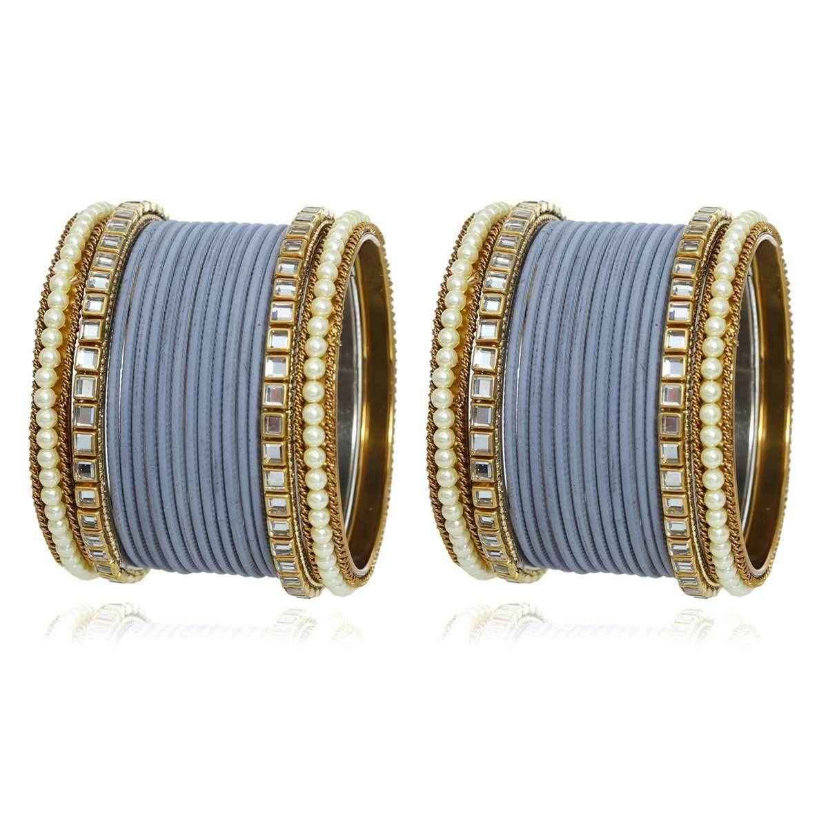 T4 Jewels Kundan Stones Beads Studded Colourful Designer Latest Fashion Jewellery Metal Bangles Set - 97NO Grey All Bangle Sets T4 Jewels