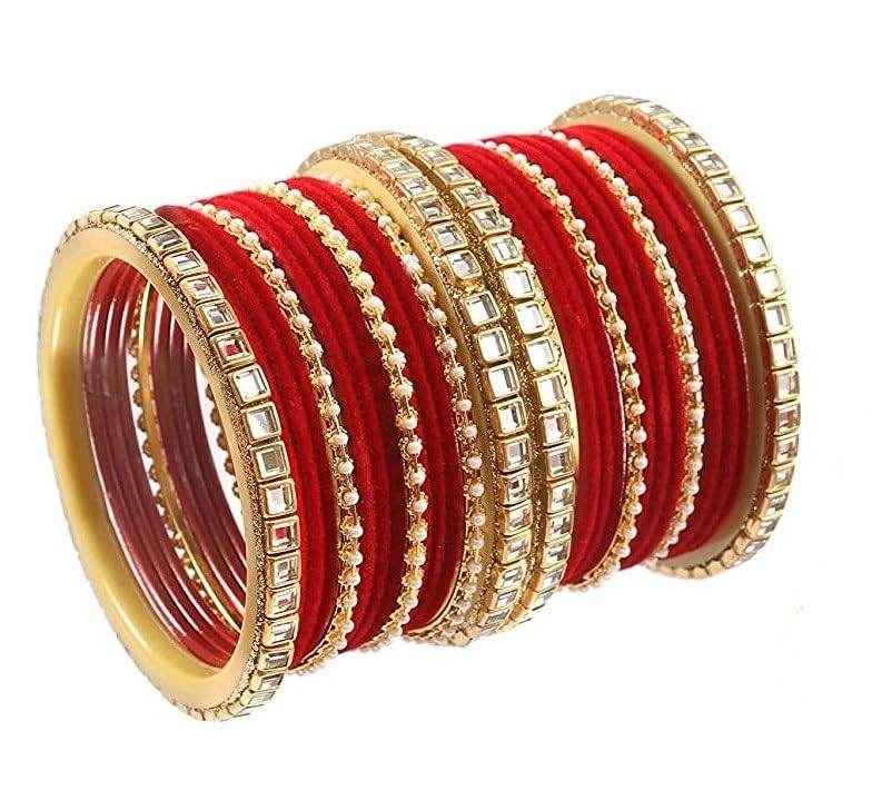 T4 Jewels 18k Gold Plated Latest Fashion Jewellery Zircon Stones Studded Bangles Set - 91NO Red All Bangle Sets T4 Jewels