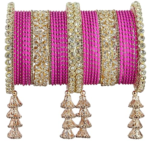 T4 Jewels Metal Bangles Latkan Chuda Set with American Diamond, Zircon Stone & Polka Dots | Dulhan Chuda Set Wedding | Punjabi Chuda | Chooda Bangles- Set of 38 Magenta T4 Jewels