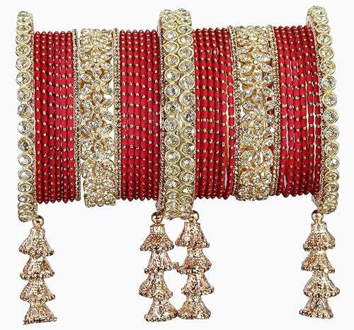 T4 Jewels Metal Bangles Latkan Chuda Set with American Diamond, Zircon Stone & Polka Dots | Dulhan Chuda Set Wedding | Punjabi Chuda | Chooda Bangles- Set of 38 Red T4 Jewels