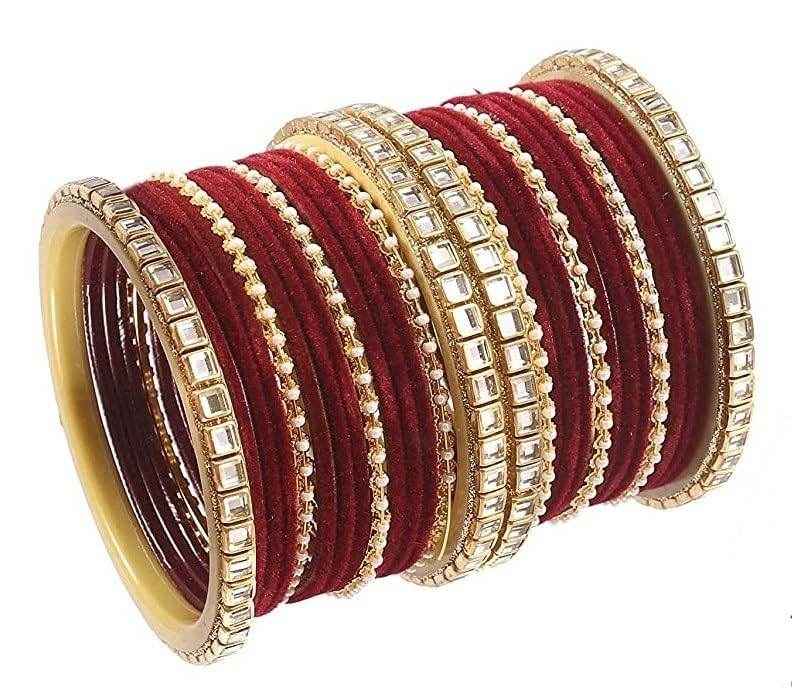 T4 Jewels 18k Gold Plated Latest Fashion Jewellery Zircon Stones Studded Bangles Set - 91NO Maroon All Bangle Sets T4 Jewels