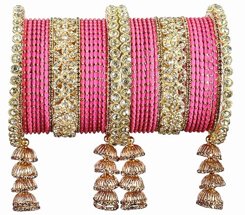 T4 Jewels Metal Bangles Latkan Chuda Set with American Diamond, Zircon Stone & Polka Dots | Dulhan Chuda Set Wedding | Punjabi Chuda | Chooda Bangles- Set of 38 Watermelon T4 Jewels