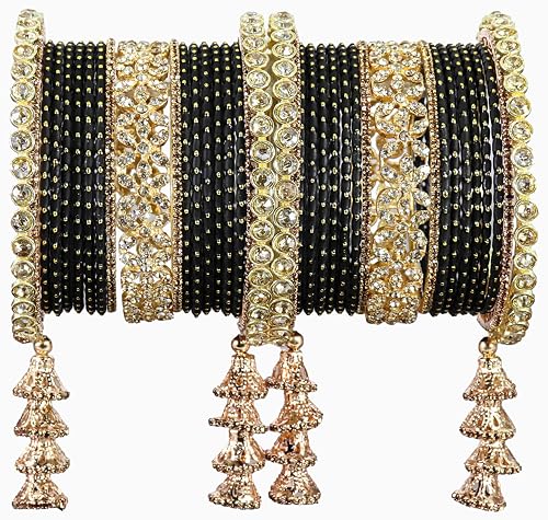 T4 Jewels Metal Bangles Latkan Chuda Set with American Diamond, Zircon Stone & Polka Dots | Dulhan Chuda Set Wedding | Punjabi Chuda | Chooda Bangles- Set of 38 Black T4 Jewels