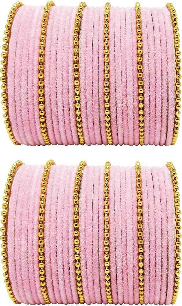 T4 Jewels Golden Beads Studded Glossy Finish Velvet Metal Bangles Set (Set Of 2) - 35NO Light Pink All Bangle Sets T4 Jewels