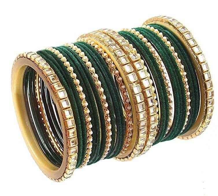T4 Jewels 18k Gold Plated Latest Fashion Jewellery Zircon Stones Studded Bangles Set - 91NO Green All Bangle Sets T4 Jewels