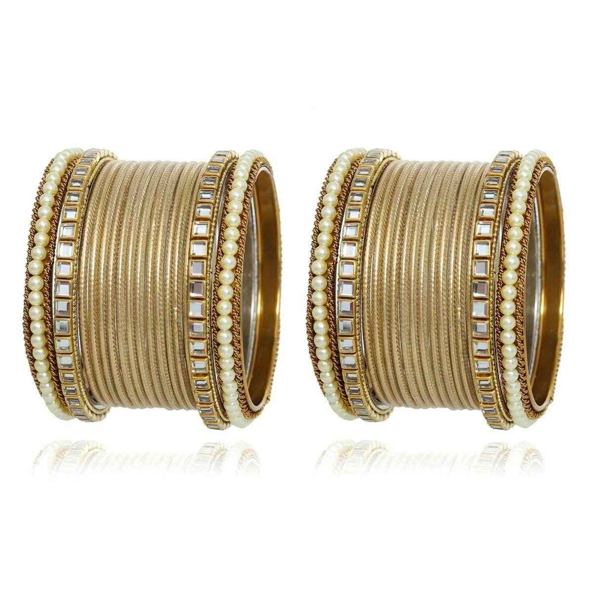 T4 Jewels Kundan Stones Beads Studded Colourful Designer Latest Fashion Jewellery Metal Bangles Set - 97NO Golden All Bangle Sets T4 Jewels