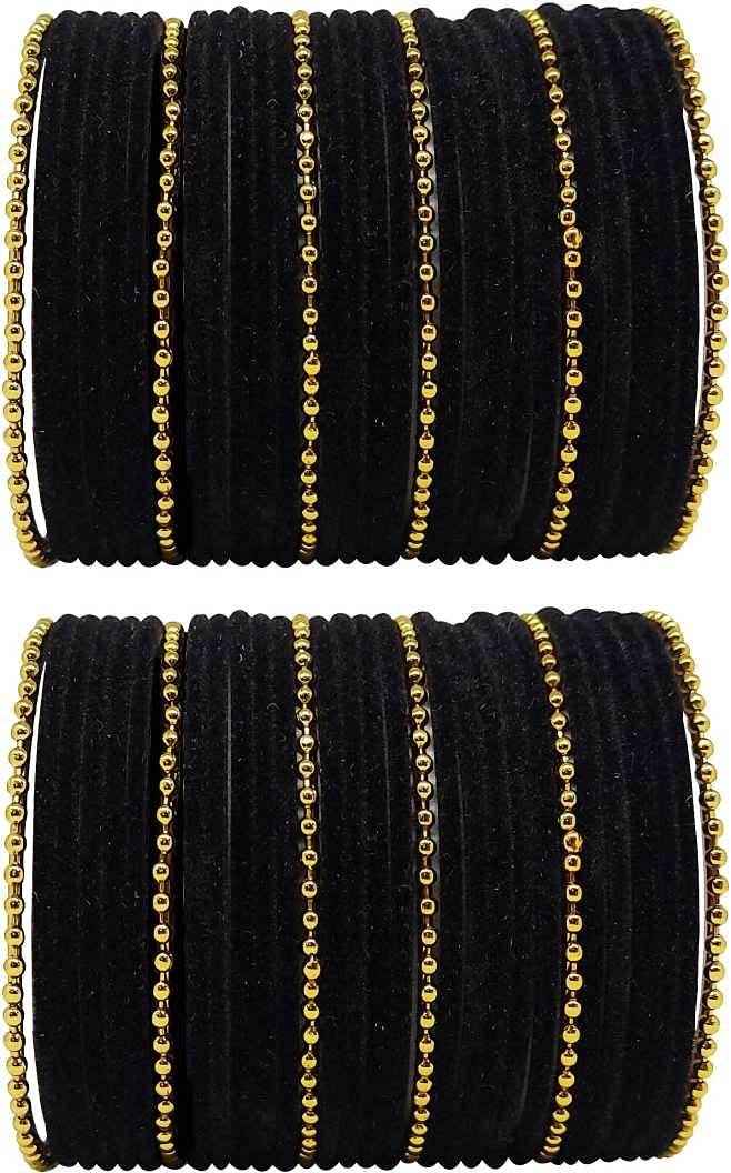T4 Jewels Golden Beads Studded Glossy Finish Velvet Metal Bangles Set (Set Of 2) - 35NO Black All Bangle Sets T4 Jewels