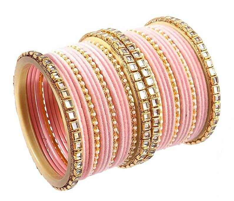 T4 Jewels 18k Gold Plated Latest Fashion Jewellery Zircon Stones Studded Bangles Set - 91NO Pink All Bangle Sets T4 Jewels