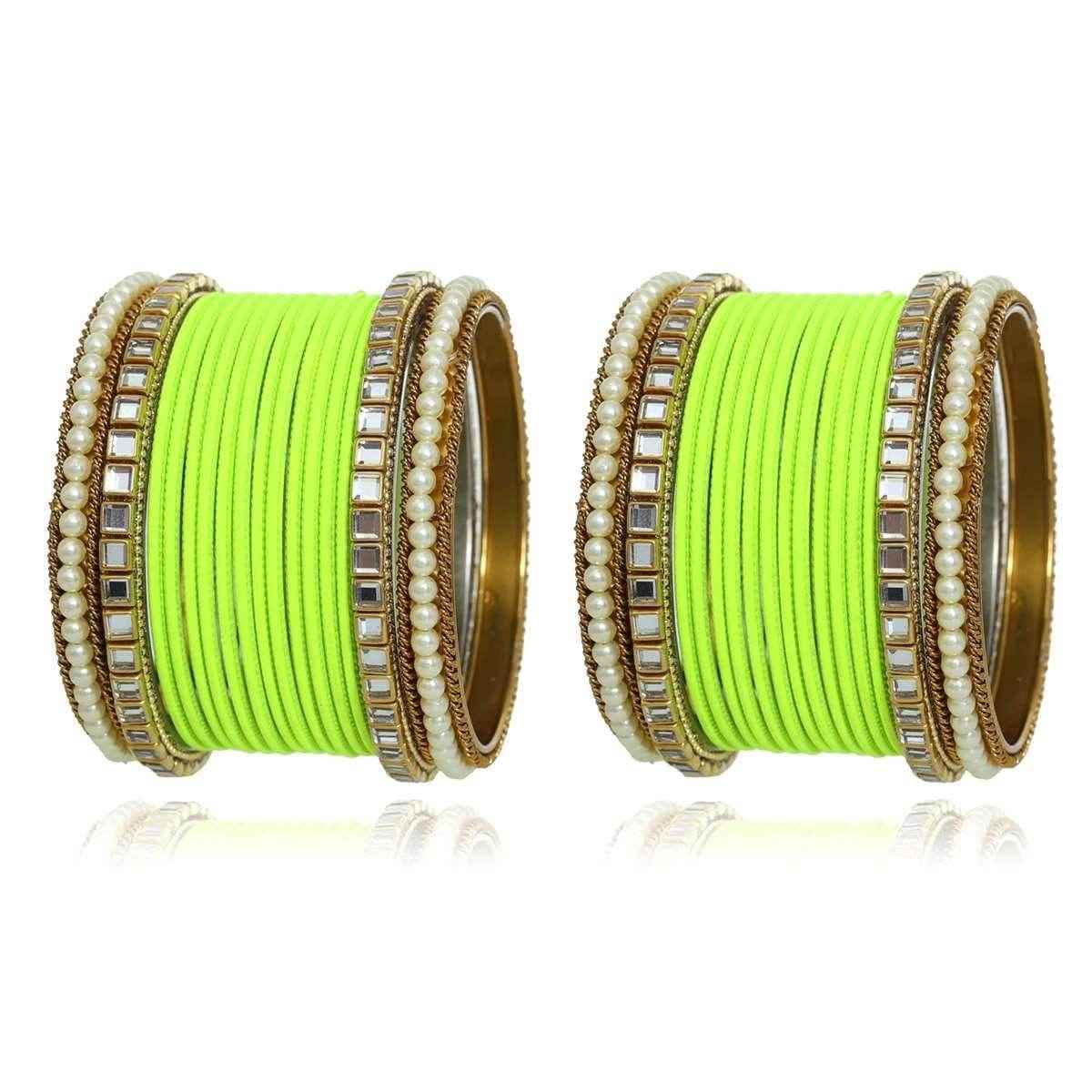 T4 Jewels Kundan Stones Beads Studded Colourful Designer Latest Fashion Jewellery Metal Bangles Set - 97NO Lime All Bangle Sets T4 Jewels