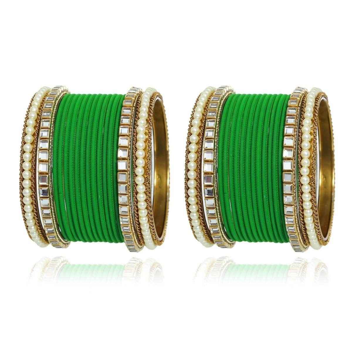 T4 Jewels Kundan Stones Beads Studded Colourful Designer Latest Fashion Jewellery Metal Bangles Set - 97NO Green All Bangle Sets T4 Jewels