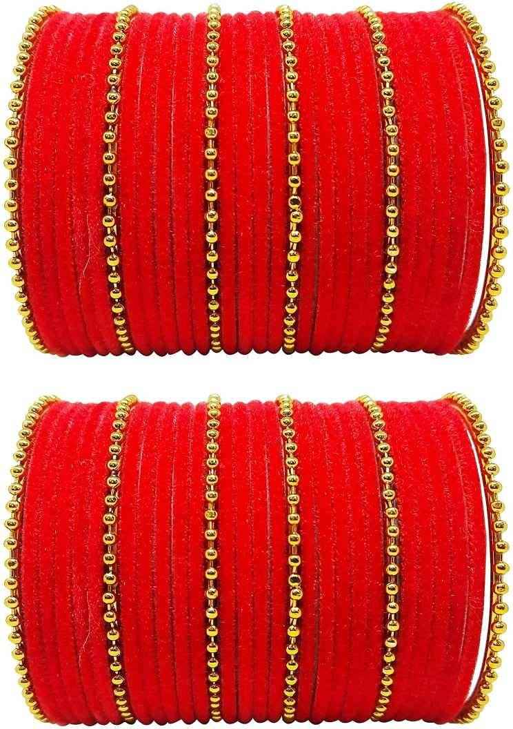 T4 Jewels Golden Beads Studded Glossy Finish Velvet Metal Bangles Set (Set Of 2) - 35NO Red All Bangle Sets T4 Jewels