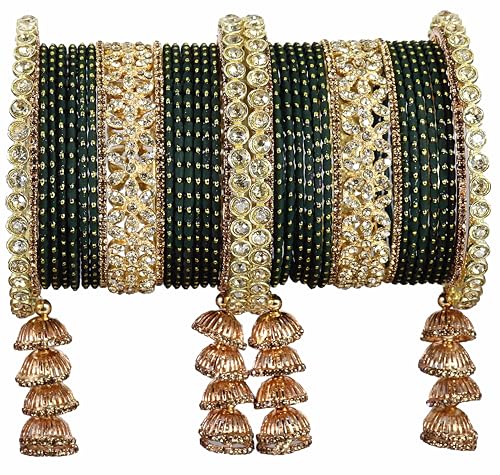 T4 Jewels Metal Bangles Latkan Chuda Set with American Diamond, Zircon Stone & Polka Dots | Dulhan Chuda Set Wedding | Punjabi Chuda | Chooda Bangles- Set of 38 DarkGreen T4 Jewels