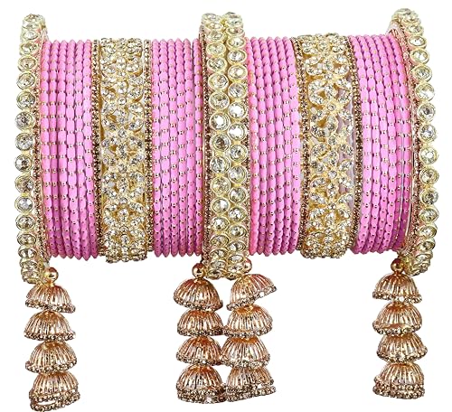 T4 Jewels Metal Bangles Latkan Chuda Set with American Diamond, Zircon Stone & Polka Dots | Dulhan Chuda Set Wedding | Punjabi Chuda | Chooda Bangles- Set of 38 Pink T4 Jewels