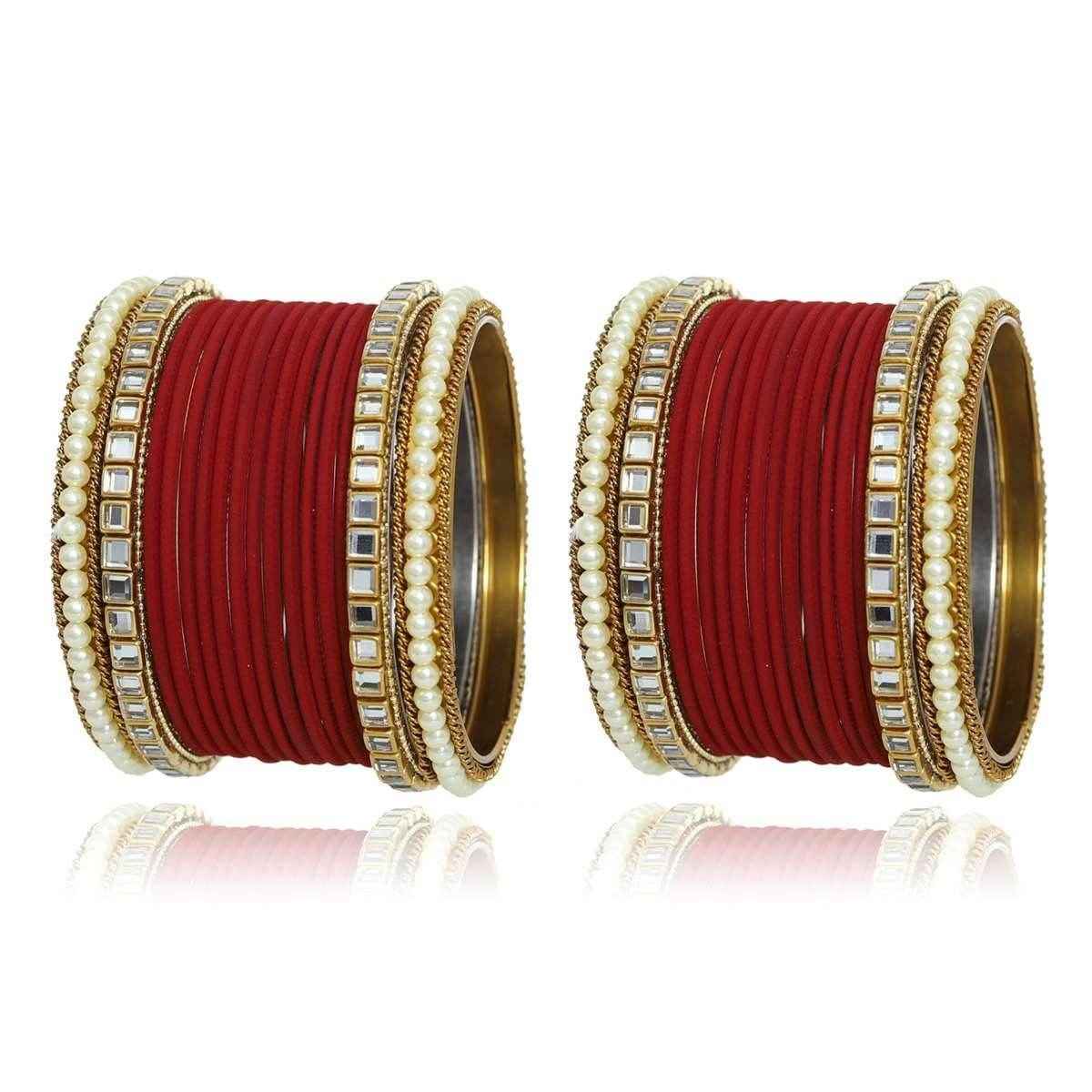 T4 Jewels Kundan Stones Beads Studded Colourful Designer Latest Fashion Jewellery Metal Bangles Set - 97NO Maroon All Bangle Sets T4 Jewels