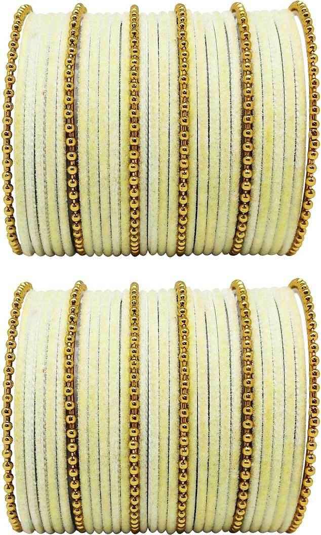 T4 Jewels Golden Beads Studded Glossy Finish Velvet Metal Bangles Set (Set Of 2) - 35NO Cream All Bangle Sets T4 Jewels