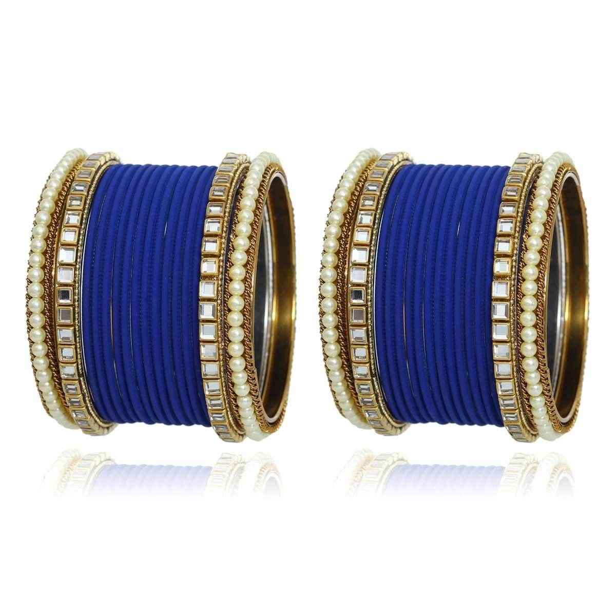 T4 Jewels Kundan Stones Beads Studded Colourful Designer Latest Fashion Jewellery Metal Bangles Set - 97NO Blue All Bangle Sets T4 Jewels