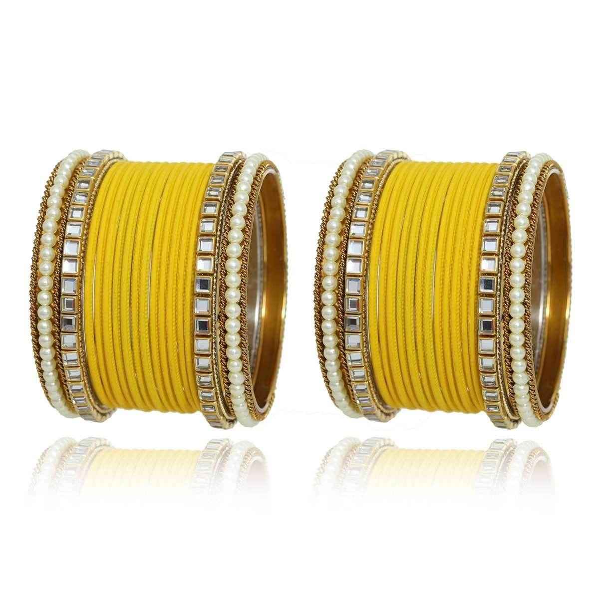 T4 Jewels Kundan Stones Beads Studded Colourful Designer Latest Fashion Jewellery Metal Bangles Set - 97NO Yellow All Bangle Sets T4 Jewels