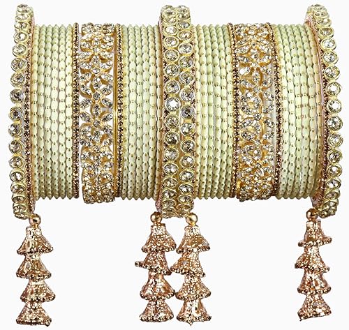 T4 Jewels Metal Bangles Latkan Chuda Set with American Diamond, Zircon Stone & Polka Dots | Dulhan Chuda Set Wedding | Punjabi Chuda | Chooda Bangles- Set of 38 Cream T4 Jewels