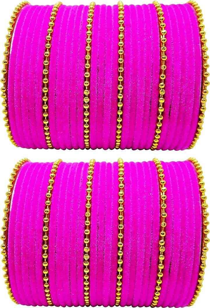 T4 Jewels Golden Beads Studded Glossy Finish Velvet Metal Bangles Set (Set Of 2) - 35NO Dark Pink All Bangle Sets T4 Jewels