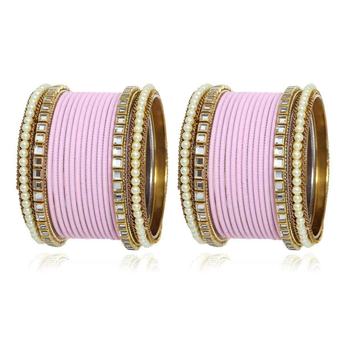 T4 Jewels Kundan Stones Beads Studded Colourful Designer Latest Fashion Jewellery Metal Bangles Set - 97NO Pink All Bangle Sets T4 Jewels