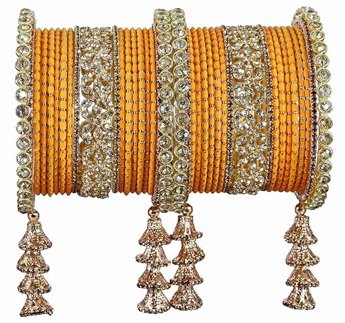T4 Jewels Metal Bangles Latkan Chuda Set with American Diamond, Zircon Stone & Polka Dots | Dulhan Chuda Set Wedding | Punjabi Chuda | Chooda Bangles- Set of 38 Haldi T4 Jewels