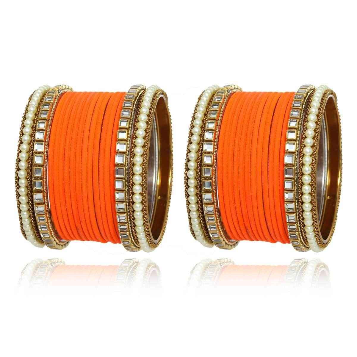 T4 Jewels Kundan Stones Beads Studded Colourful Designer Latest Fashion Jewellery Metal Bangles Set - 97NO Orange All Bangle Sets T4 Jewels