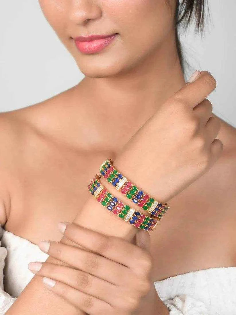 Emerald Sapphire Ruby Diamond Designer Gold Kada Bangles (AD-006) AD Bangles T4 Jewels