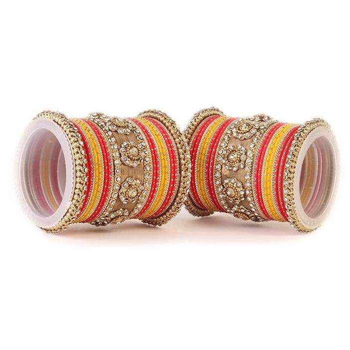 Set of 2 Traditional Jaali Work Multi-Colored Bangle Set Red-Yellow All Bangle Sets T4 Jewels