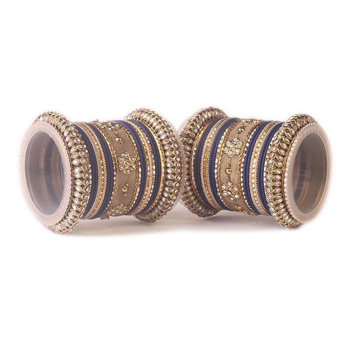 Set of 2 Traditional Matte Finish Kundan Bangle Set Blue All Bangle Sets T4 Jewels