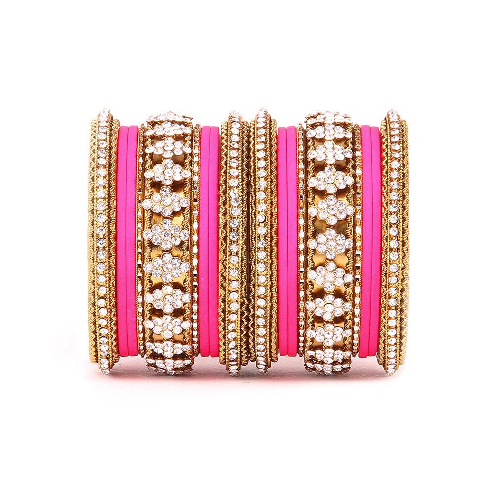 Stylish Matte Finish And Running Stone Pattern Bangle Set Pink All Bangle Sets T4 Jewels