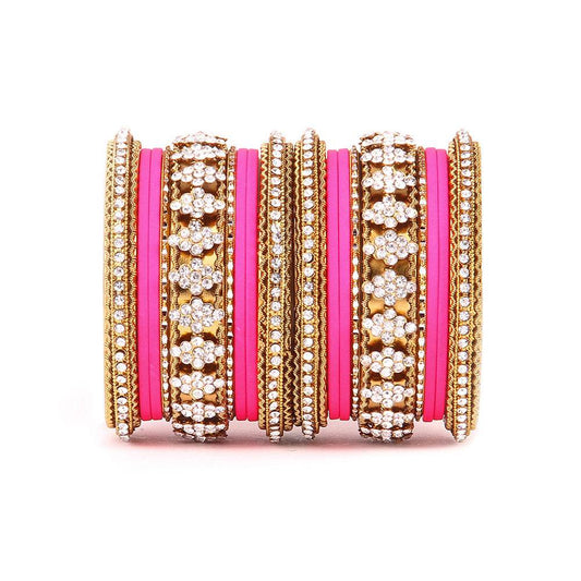 Stylish Matte Finish And Running Stone Pattern Bangle Set Pink All Bangle Sets T4 Jewels