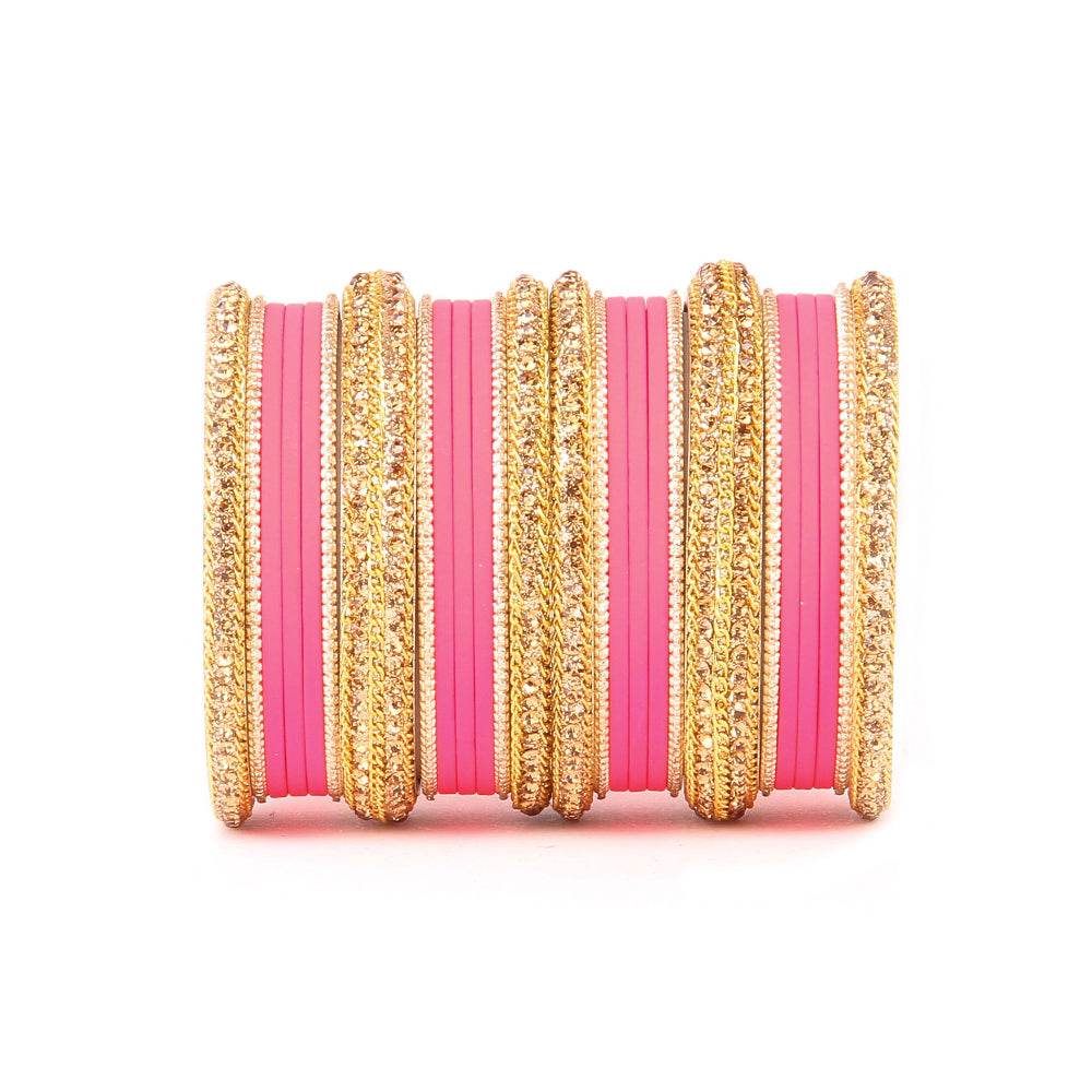 Golden Bracelet And Matte Finish Bangle Set For Women Fuchsia All Bangle Sets T4 Jewels
