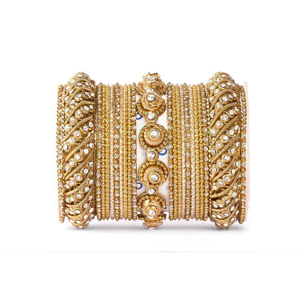 Traditional Colored Textured Bangle Set For Single Hand All Golden All Bangle Sets T4 Jewels