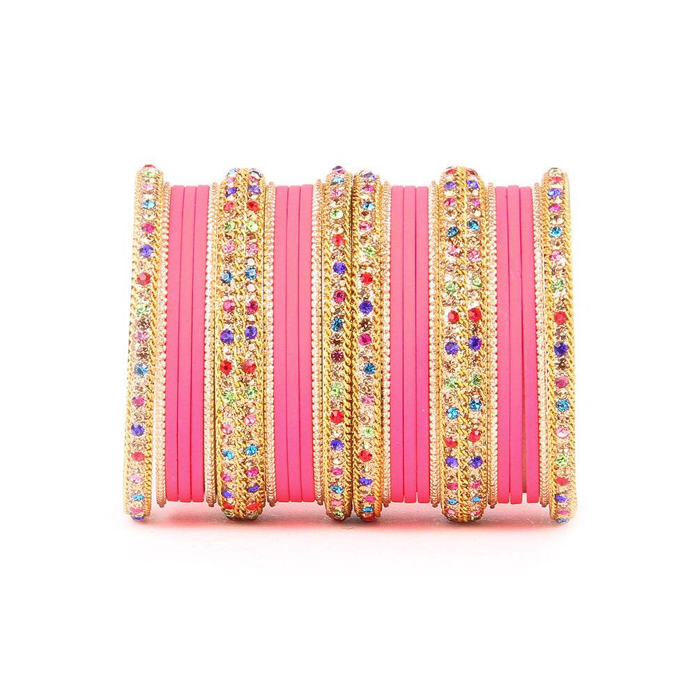 Golden Kada With Multi-Colored Stones And Matte Finish Bangle Set For Women Fuchsia All Bangle Sets T4 Jewels