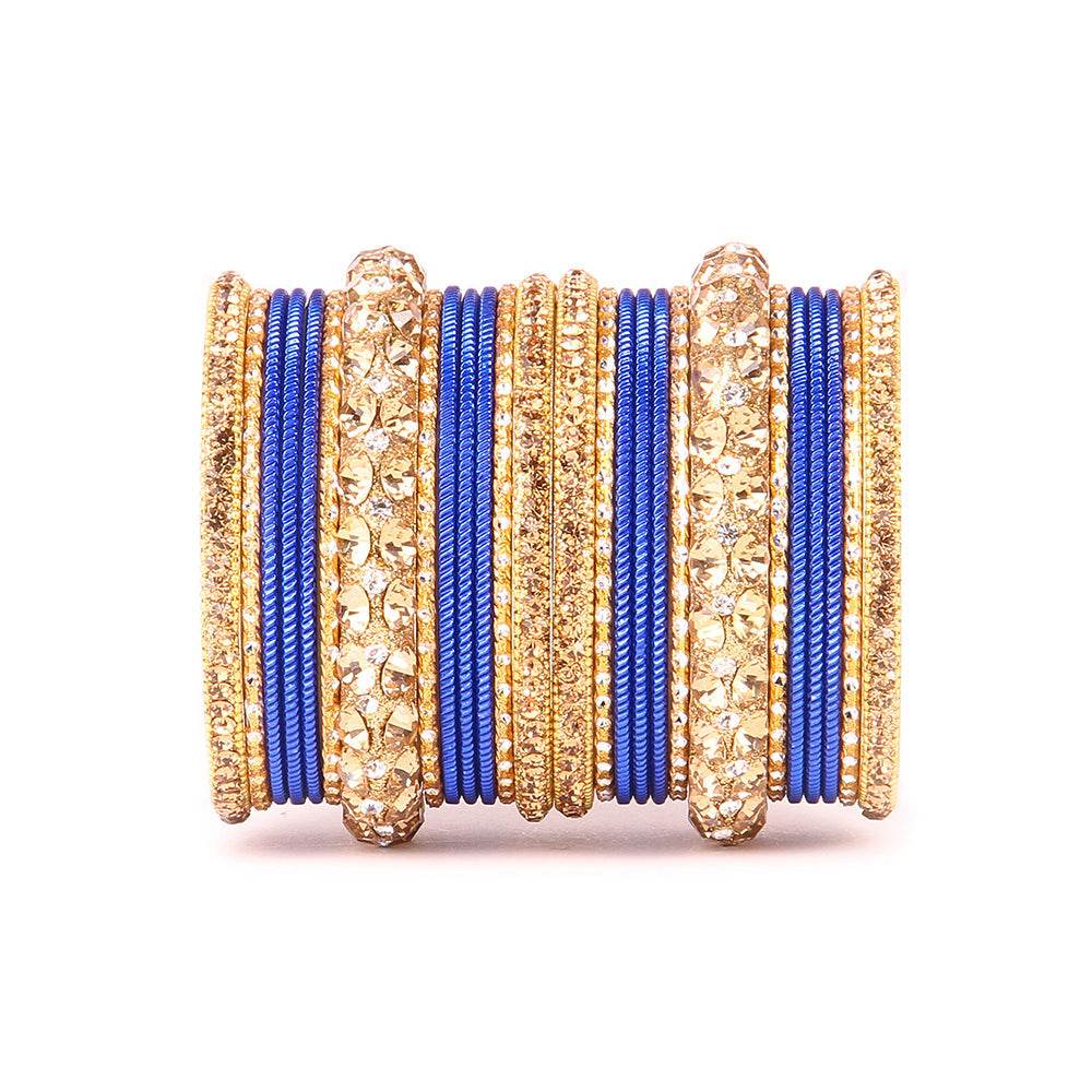 Traditional Shining Bangle Set For Women With Lac And Golden Stone Blue All Bangle Sets T4 Jewels