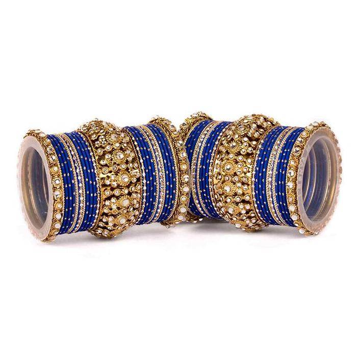Set of 2 Beautiful Golden Dotted Colored Bangle Set Blue All Bangle Sets T4 Jewels