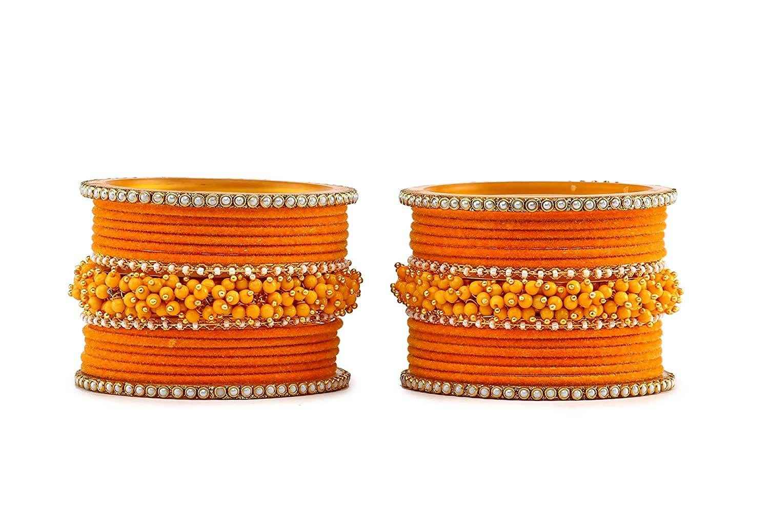 T4 Jewels Brass Metal Velvet Pearl And Beads Glossy Finished Bangles Set (Set For 2 Hand) - 59NO Bangle Sets T4 Jewels