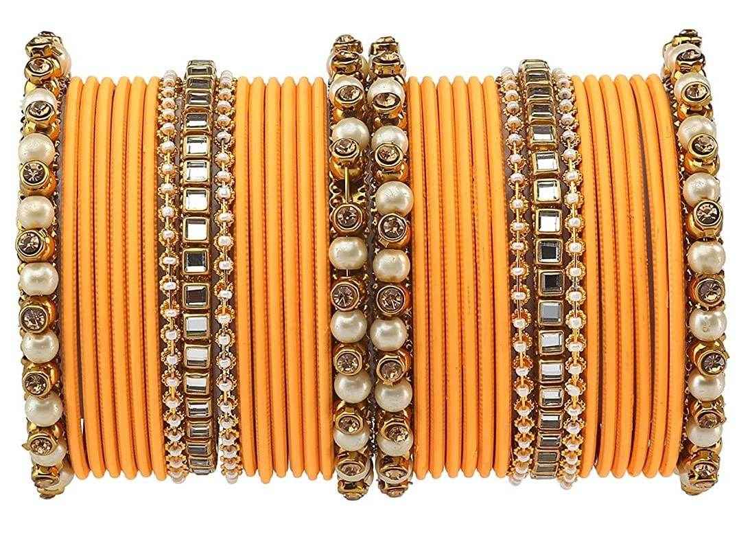 T4 Jewels Brass Metal Beads, Stones And Gemstones Studded Pearl & Glossy Finished Bangle Set- 63NO Peach All Bangle Sets T4 Jewels